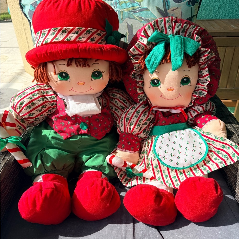 Vintage Boy & Girl Holly Mine Pillow Persons Christmas Dolls 26" Plush Holidays